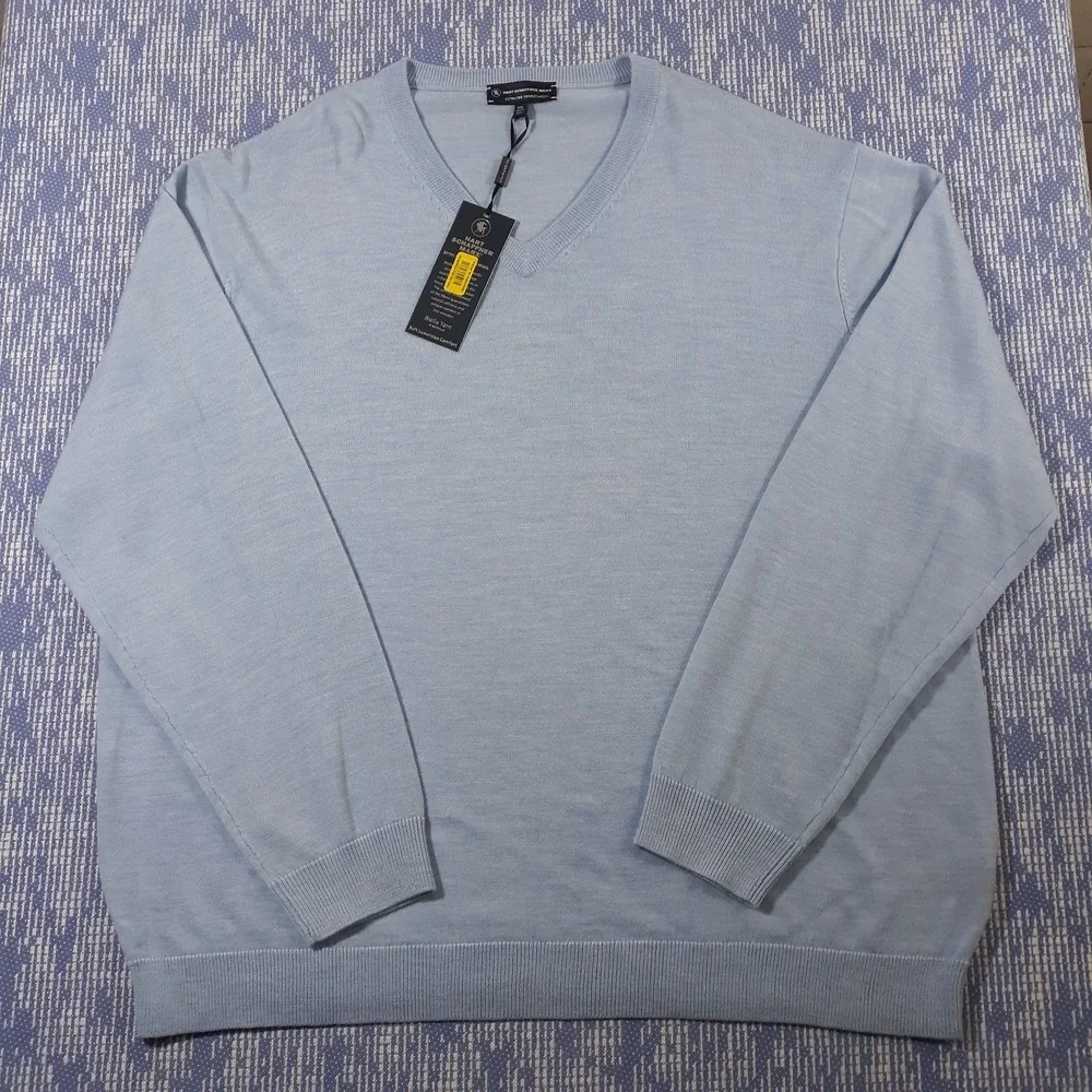 Hart Schaffner Marx Merino Wool Sweater Mens 2XL V-Neck Pullover Light Blue NEW